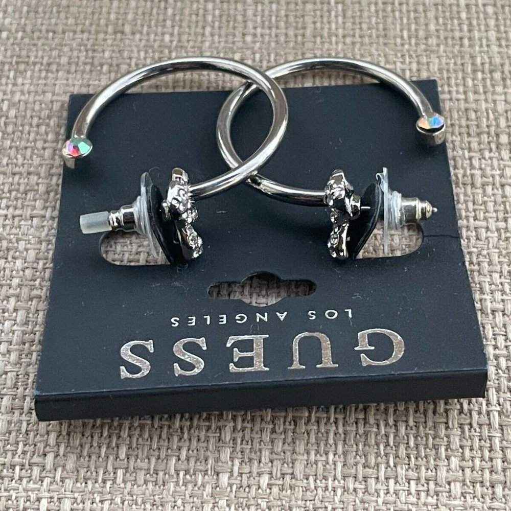 Guess Women Earrings Silver Tone Crystal Bow Hoops Jack Post New - Picture 4 of 11